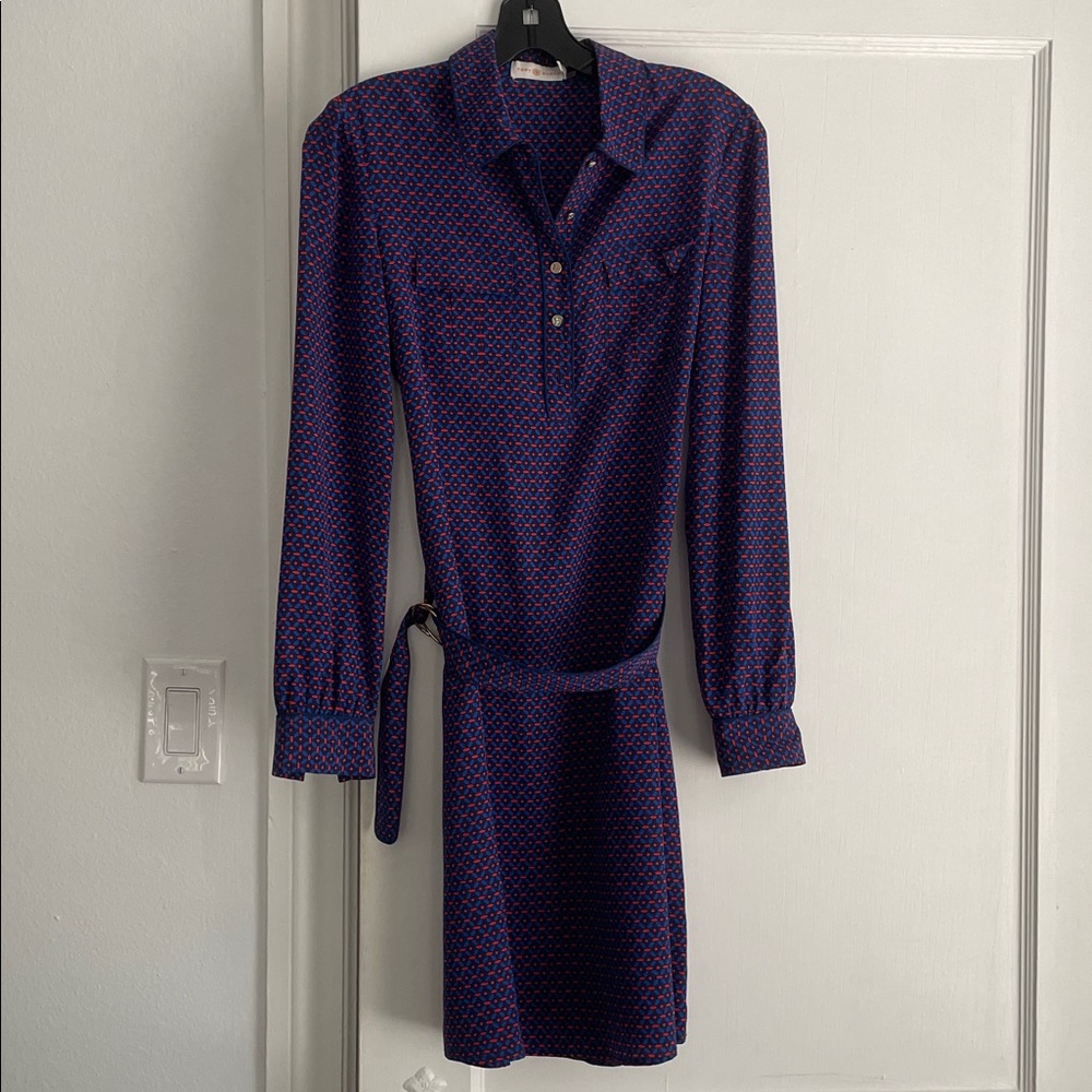 Tory Burch Navy and Red Patterned Long Sleeve Dress